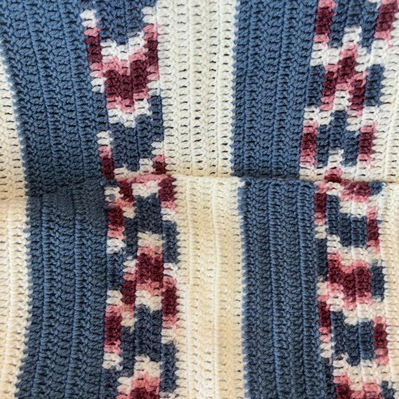 Vintage Handmade Crochet Afghan Striped Blanket 92 x 50"  Scalloped Detail Edges - Picture 6 of 9
